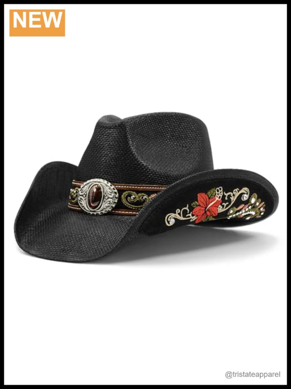 Handmade Straw Western Cowboy Hat Embroidered Floral Rhinestone Unisex